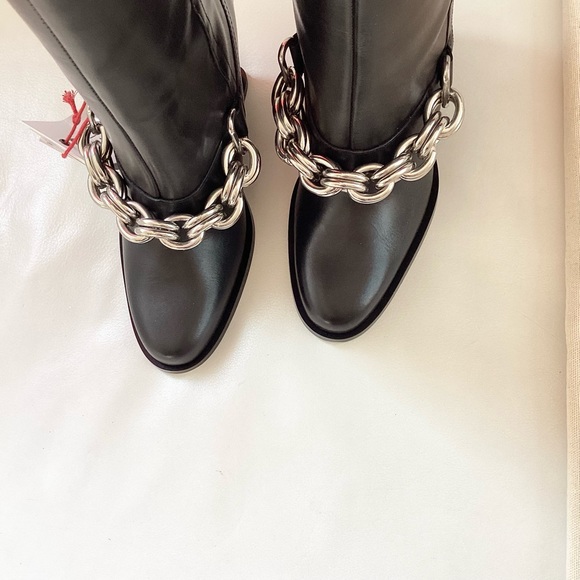Zara Long Black Leather Wedge Silver Metal Chain Boots SZ 6 - Picture 5 of 14